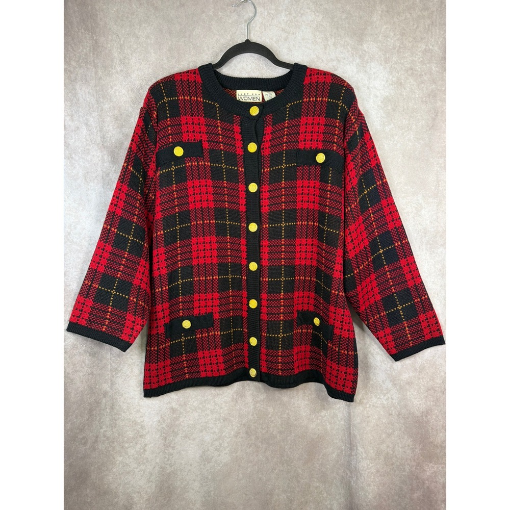 NWT VTG 90s JUST FOR‎ WOMEN Red Plaid Button Front Cardigan 1X Goldtone Buttons